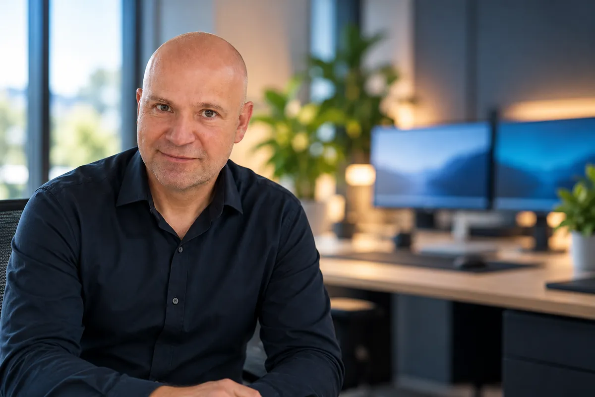 Dipl.-Ing. (FH) Daniel Krüger, Inhaber von comsyspro, an seinem Arbeitsplatz