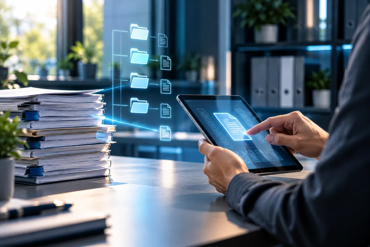 Hand bedient ein Tablet neben Papierdokumenten, digitaler Ordnerbaum als Symbol für E-Rechnung und DMS