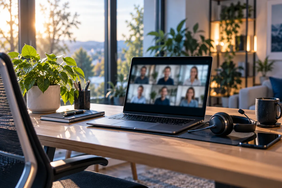 Homeoffice-Arbeitsplatz mit Laptop und Headset während einer Videokonferenz