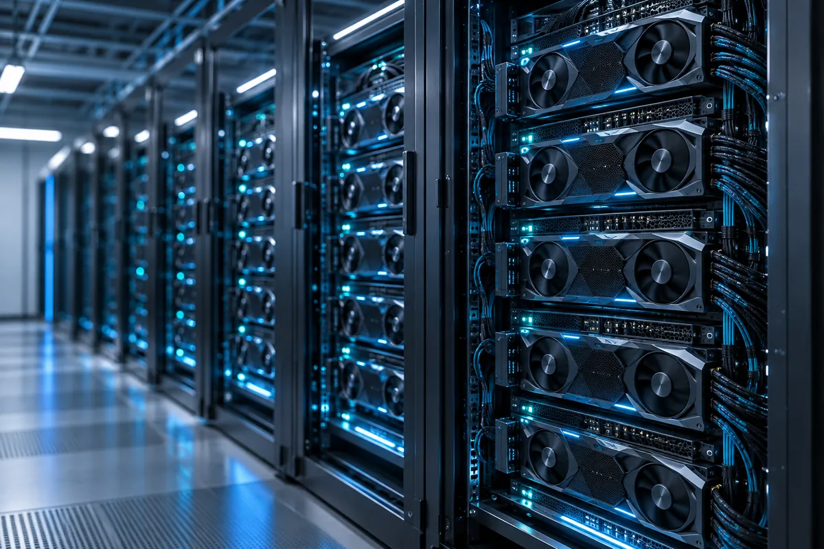 Reihen von Rendermodulen im Serverschrank einer Renderfarm