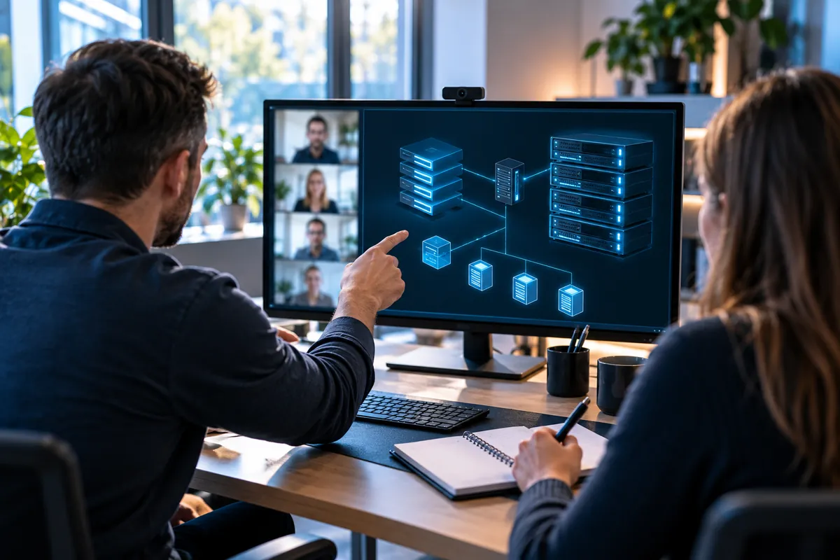 Zwei Personen besprechen Server-Diagramme am Monitor bei einer Online-Schulung